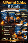 Promotional image of AI Prompt Guides and Bundle with books on a dark background